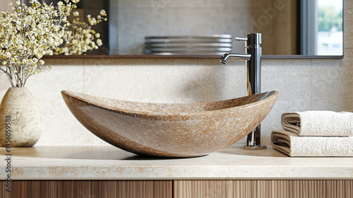 Un lavabo con una ciotola di colore marrone moderna, allestito in un ambiente bagno elegante.