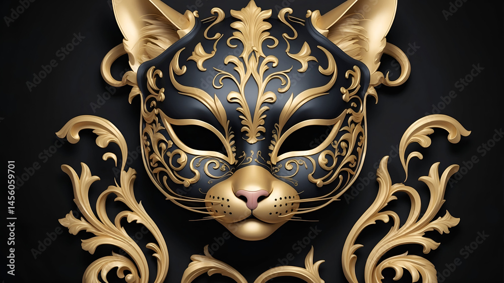 Fototapeta premium Ornate Golden and Black Cat Mask with Artistic Details