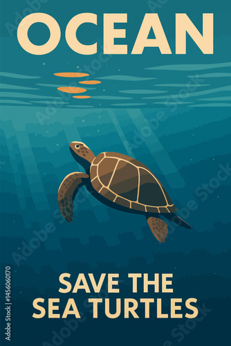 Sea Turtle Swimming Underwater in Ocean Conservation Awareness Graphic Art