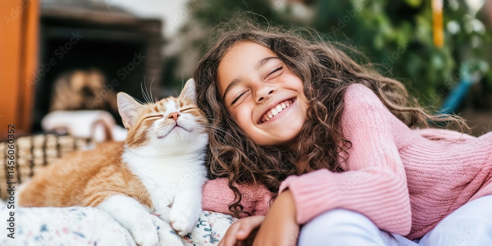 Young caucasian girl smiling with orange cat in outdoor setting
