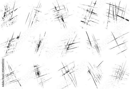 Set of grunge crosshatch texture vector brushes with distressed scratch effects, ideal for urban posters, vintage overlays, comic shading, worn illustrations, and edgy graphic design accents.