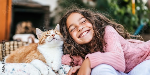 Obraz na płótnie Young caucasian girl smiling with orange cat in outdoor setting w salonie