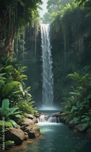 Emerald waterfall cascades through vibrant tropical foliage ,  light,  hue