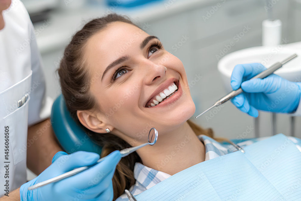 Fototapeta premium A woman smiles confidently during a dental examination as a dentist inspects her teeth with professional tools in a clinic