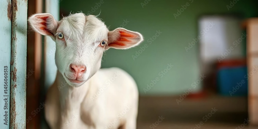 Obraz premium Adorable white goat in rustic barn setting with curious expression