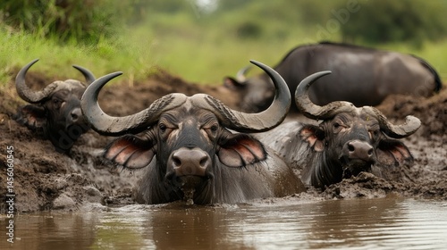 Cape buffalo herd wallowing mudhole, savanna background, wildlife photography