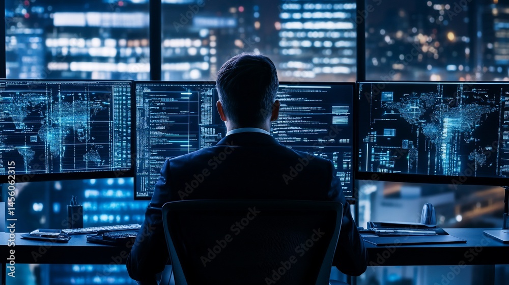 Man working on multiple screens with futuristic data in a high tech office setting Man working on multiple screens with futuristic data in a high tech office setting