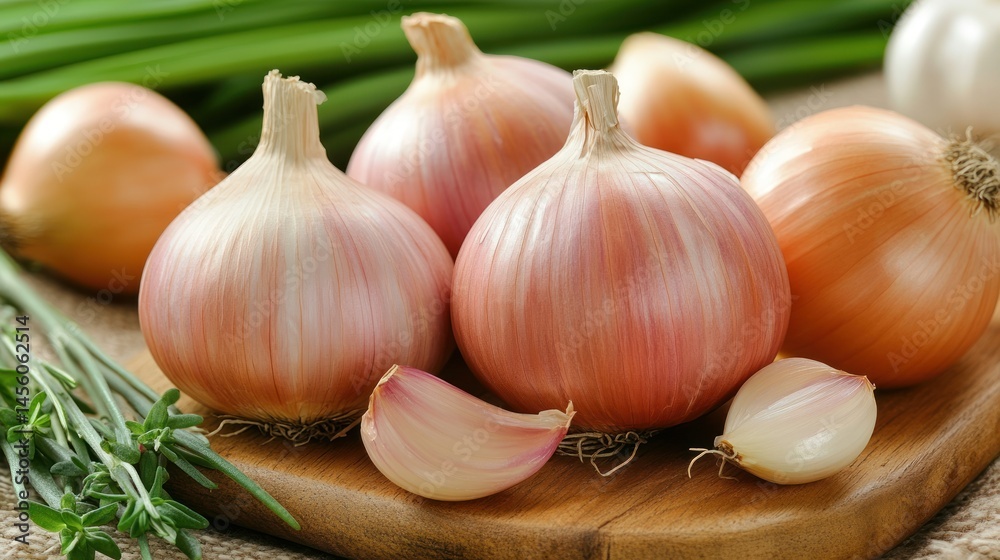 Closeup of fresh onions and garlic cloves on a wooden board Closeup of fresh onions and garlic cloves on a wooden board