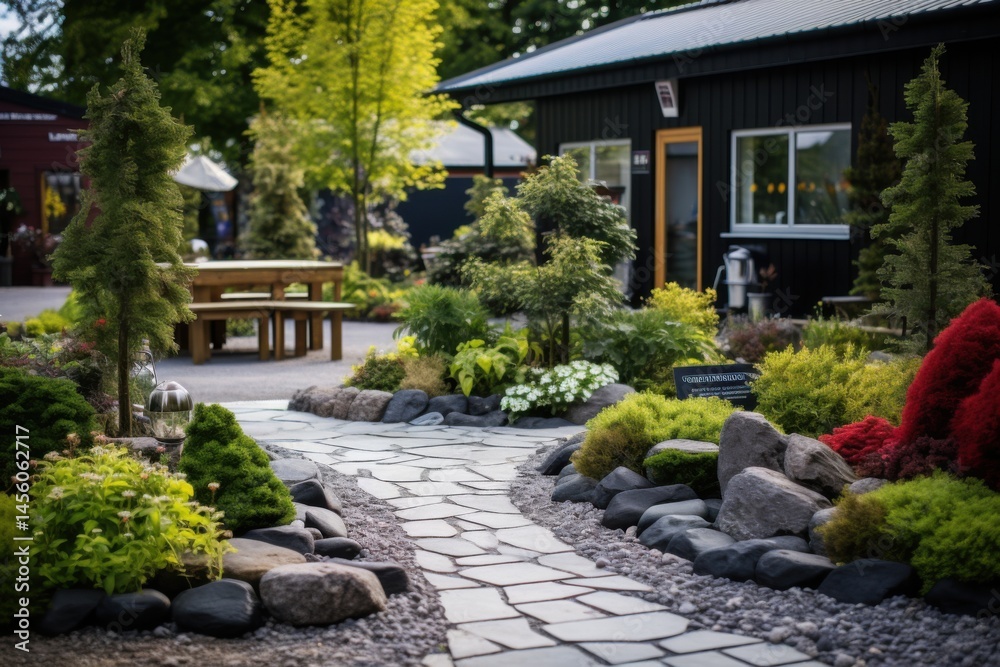 Obraz premium Serene garden pathway residential area photography lush environment wide angle tranquility and nature
