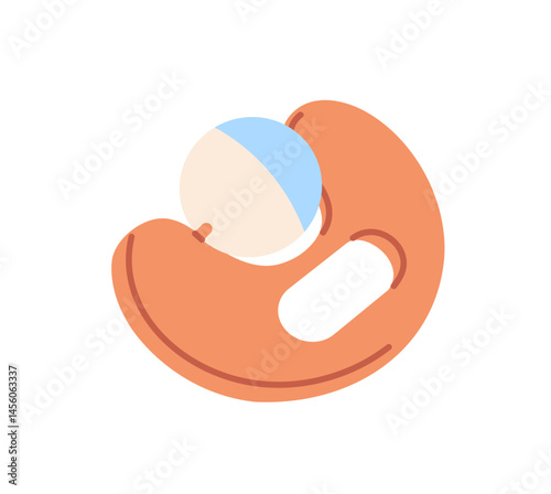 Icon of circle rattle with handle for newborns. Cute beanbag toy to play. Baby care accessory for shaking and have fun. Kids thing for infants. Flat isolated vector illustration on white background