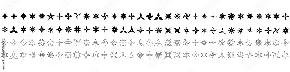 Shuriken icon vector set. Ninja illustration sign collection. Throwing stars symbol or logo. Shuriken icon vector set. Ninja illustration sign collection. Throwing stars symbol or logo.