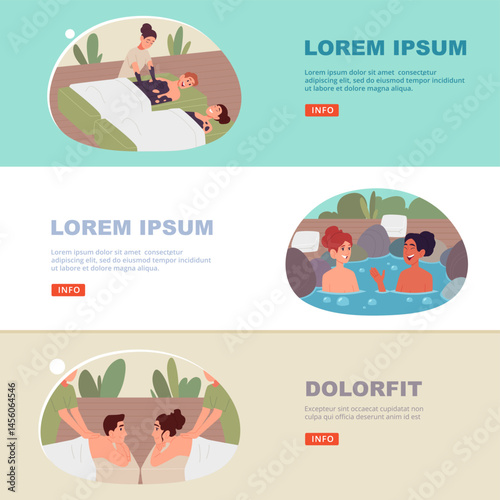 Couples in spa salon. people spend time making relaxation procedures in spa. vector banners set
