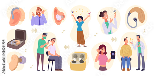 Hearing aid. Medical problems with ear of deaf persons exact healthcare concept illustrations deaf people social connection