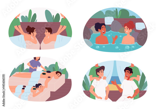Spa salon. Couple spend time together in massage salon making body therapy exact vector illustration in cartoon style