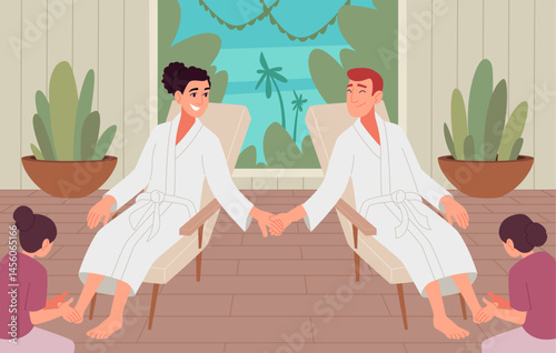 People in spa. Massage salon for relax time exact vector cartoon background