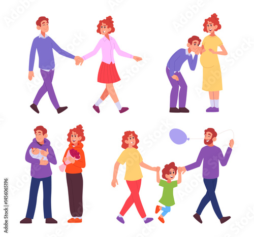Family life stages. People relationship stages of growing family marriage partners pregnancy father and mother elderly exact vector concept set