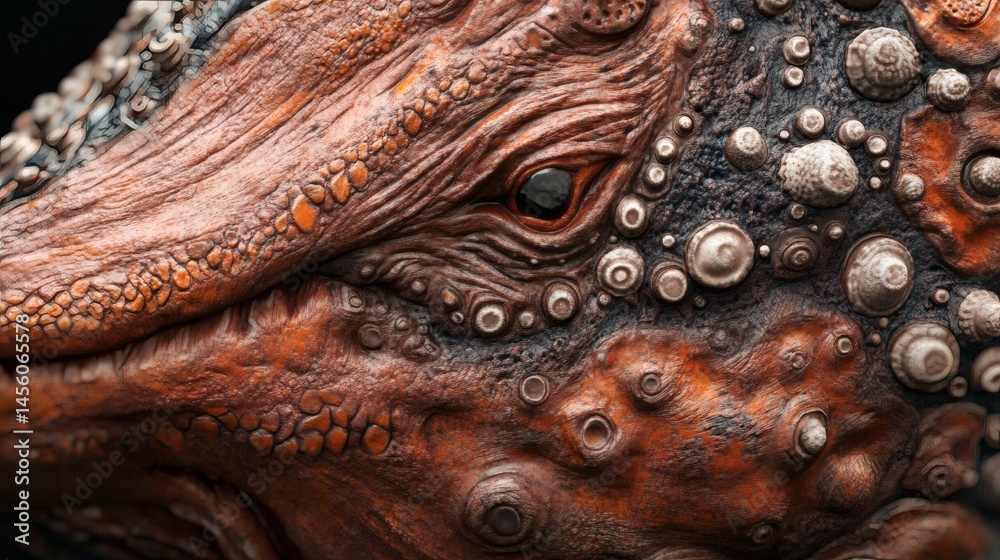 Close-up fantasy creature eye, textured skin, dark background. Use Sci-fi, fantasy art, game design