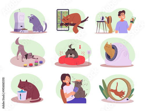 Pet care. Smart technology items for domestic animals automatic feeders digital trackers for cat and dogs cameras exact vector collection in cartoon style