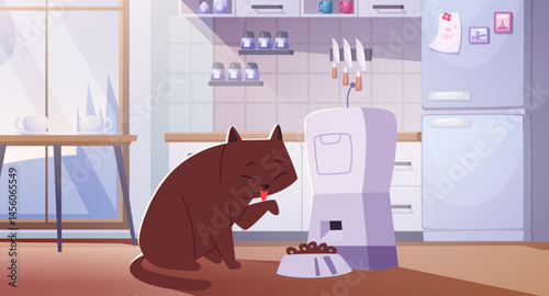 Pet feeders. Animal in interior background eating food from smart digital feeder exact vector cartoon background