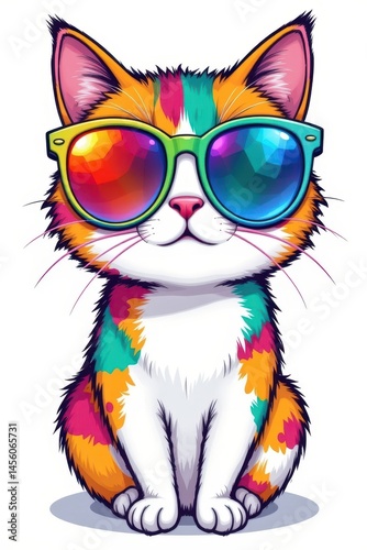 a whimsical and vibrant cartoon illustration of a cat wearing oversized, rainbow colored sunglasses, set against a clean white background