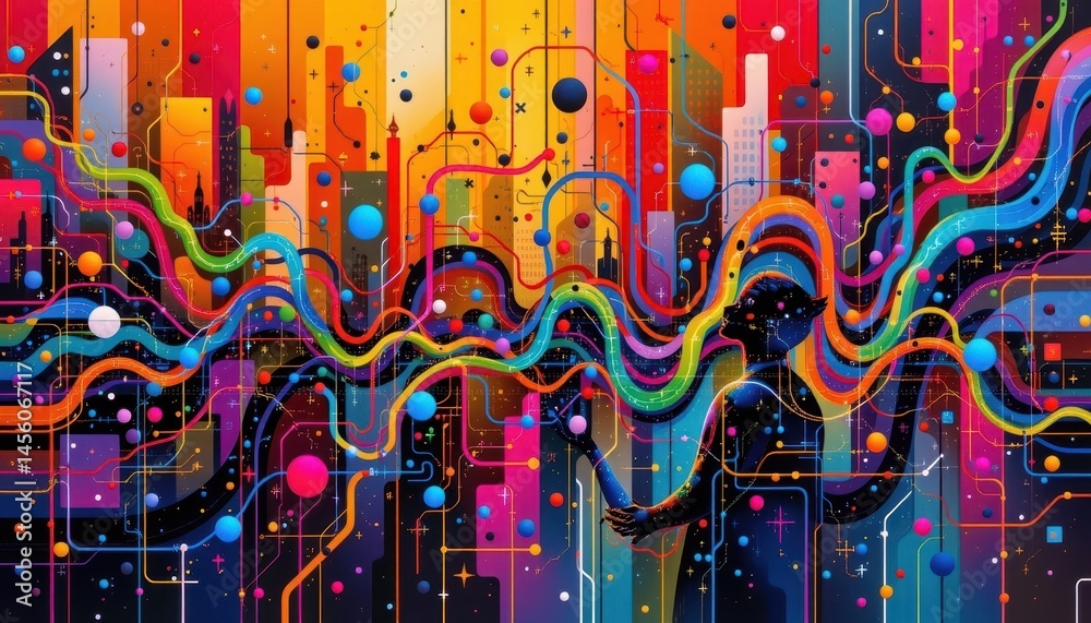 Obraz premium abstract art piece depicts trading activity through a vibrant and dynamic composition of interconnected lines, shapes