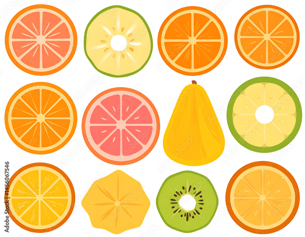 Obraz premium Vibrant Citrus Fruit Slices and Tropical Fruit Illustrations