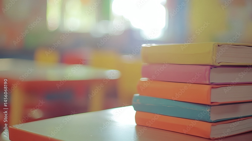 Colorful books stacked on classroom desk, blurry background. Education, learning