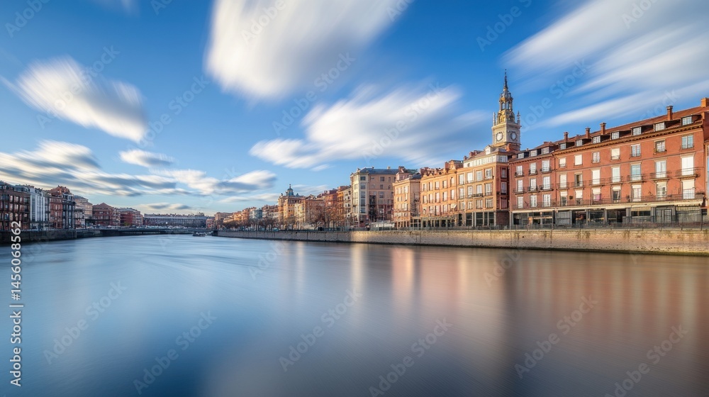 Fototapeta premium Riverside cityscape with long exposure water and clouds