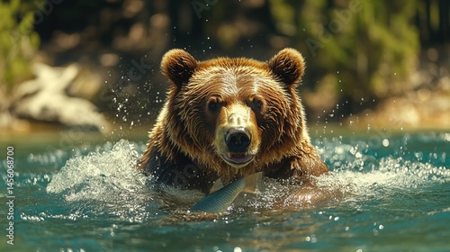 Grizzly Bear Catching a Fish
