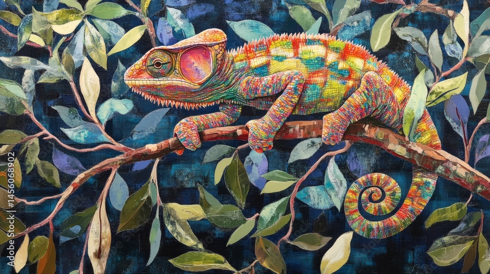 Colorful chameleon perched on branch amidst lush foliage. Nature artwork for print, cards, decor