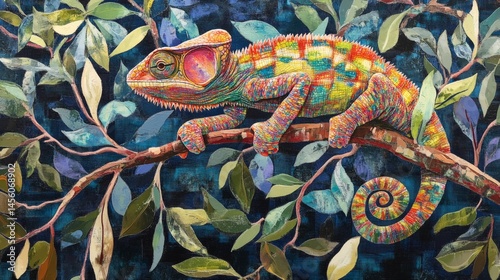 Obraz na płótnie Colorful chameleon perched on branch amidst lush foliage. Nature artwork for print, cards, decor w salonie