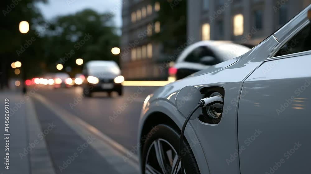 Electric Vehicle Plug with Light Trails at Dusk Electric Vehicle Plug with Light Trails at Dusk