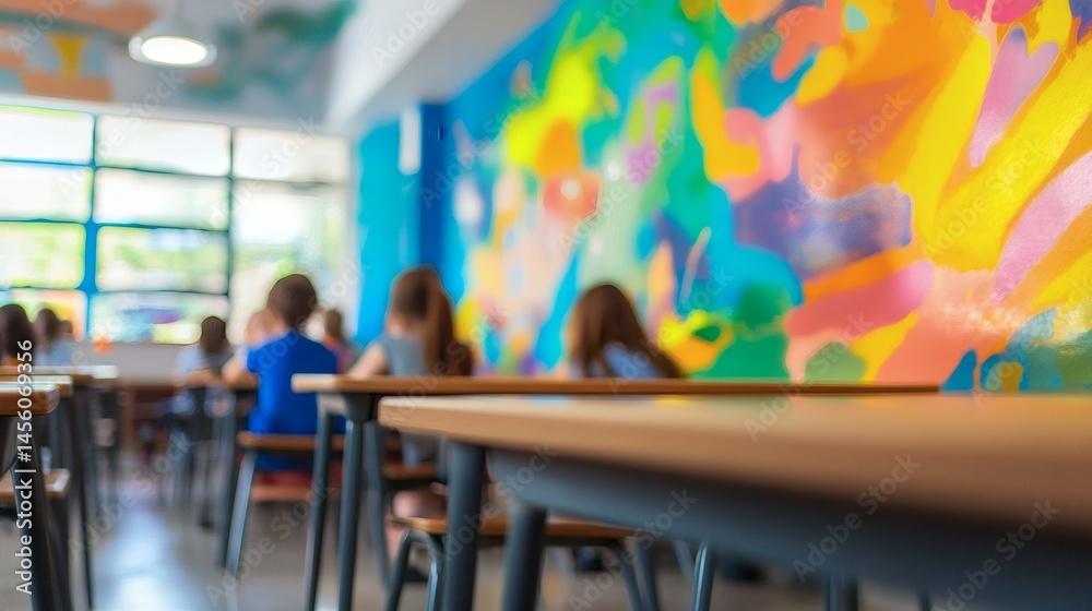 Colorful classroom, students learning, mural background, education
