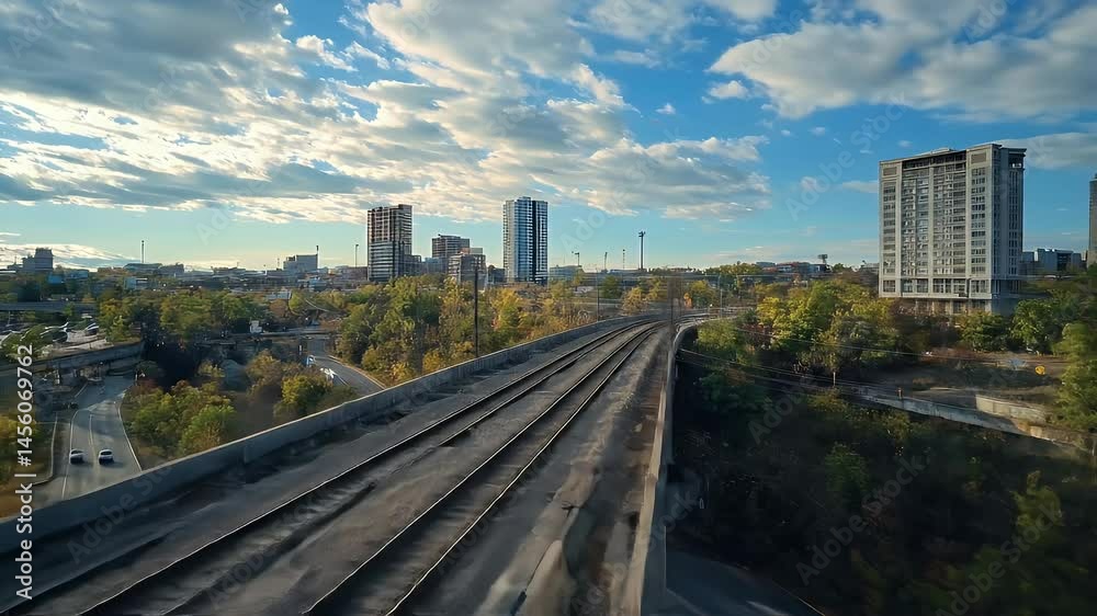 Cityscape Panorama Aerial View of Elevated Railway Tracks Leading Towards Urban Skyline under Blue Sky with Buildings Cityscape Panorama Aerial View of Elevated Railway Tracks Leading Towards Urban Skyline under Blue Sky with Buildings