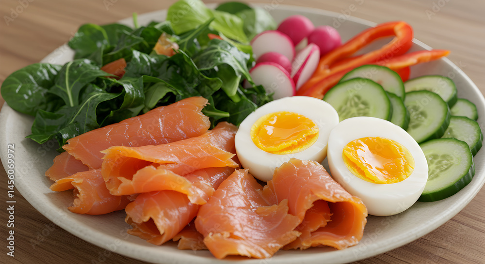 Vibrant Plate Featuring Smoked Salmon And Hard Boiled Egg With Fresh Vegetables Vibrant Plate Featuring Smoked Salmon And Hard Boiled Egg With Fresh Vegetables