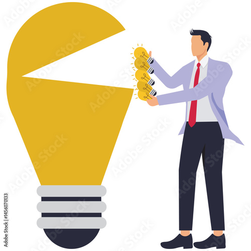 A businessman carries many idea lamps to put into bulb. Illustration for creating new ideas, creation and problem solving