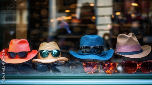 Obraz na płótnie Colorful hats and sunglasses displayed in a shop window, city background, fashion retail w salonie