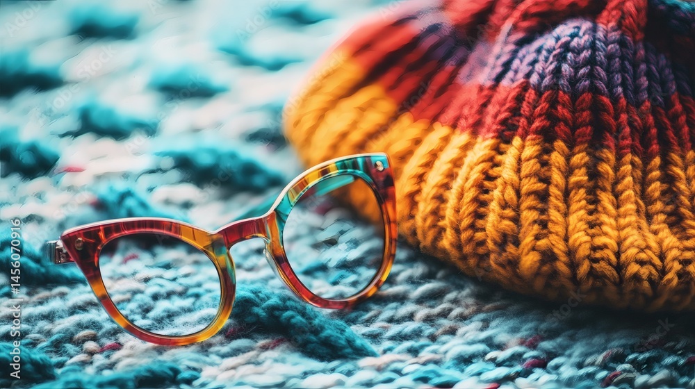 Colorful Knitted Hat and Glasses on Cozy Blanket