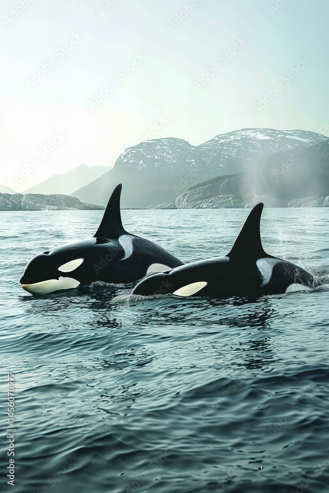 Obraz premium Two orcas in ocean, mountains behind, light blue sea water, sunlight, photo realistic.