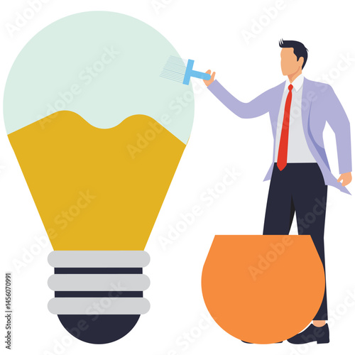 A businessman paints a picture of a bulb on a wall with idea paint. Illustration for creating new ideas, creation and problem solving