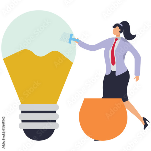 A businesswoman paints a picture of a bulb on a wall with idea paint. Illustration for creating new ideas, creation and problem solving