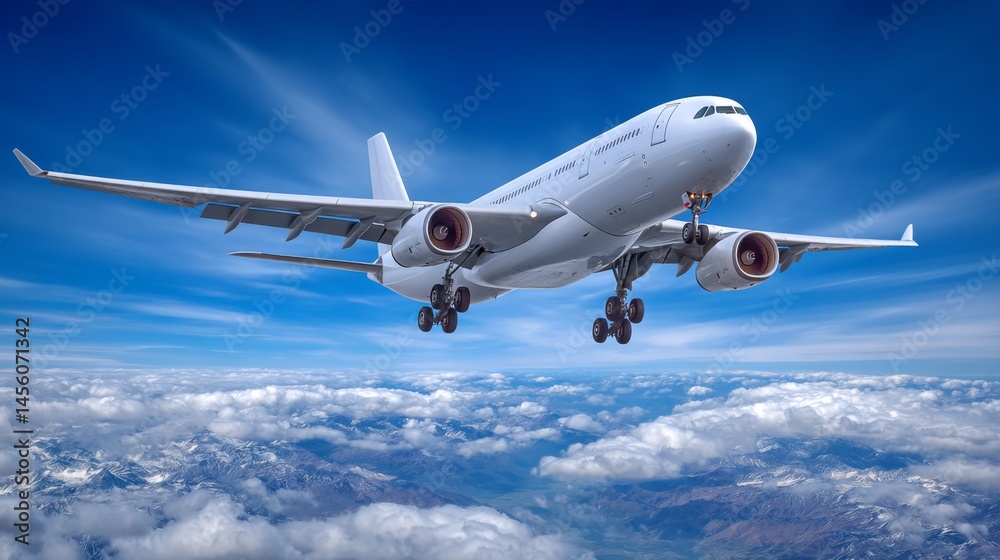 Obraz premium A commercial airplane flying above the clouds with a clear blue sky