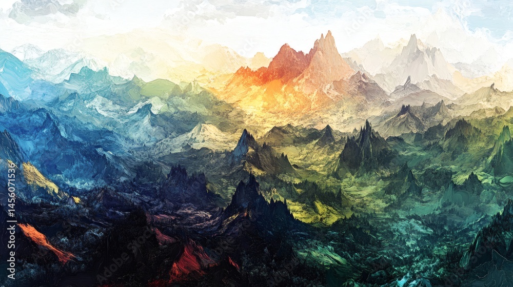 Colorful mountain range landscape; sunrise, aerial view; peaceful background; ideal for travel brochures