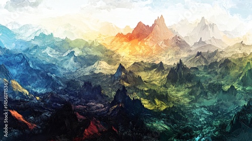 Colorful mountain range landscape; sunrise, aerial view; peaceful background; ideal for travel brochures