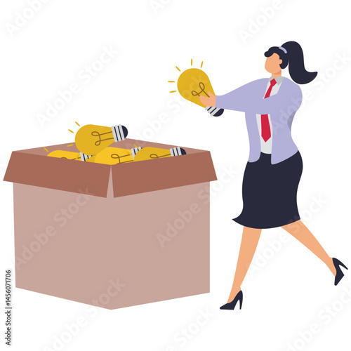 A businesswoman opens a cardboard box looking for new ideas and many bulbs scattered around. Illustration for creating new ideas, creation and problem solving