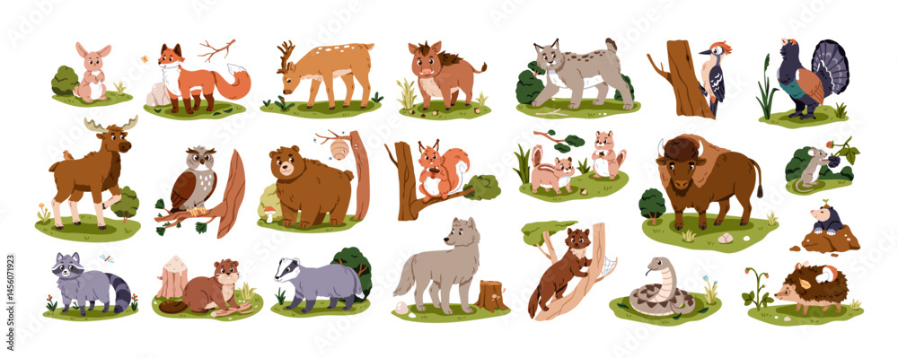 Fototapeta premium Cute forest animals set. Woodland characters. Kids wildlife. Wild bear, fox, owl bird, squirrel and hedgehog. Sweet wood habitats. Childrens flat vector illustration isolated on white background