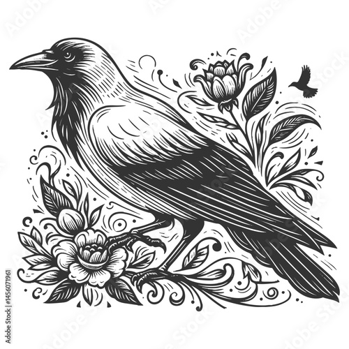 crow surrounded by blooming flowers and ornamental leaves, in classic tattoo style sketch engraving generative ai vector illustration. Scratch board imitation. Black and white image.
