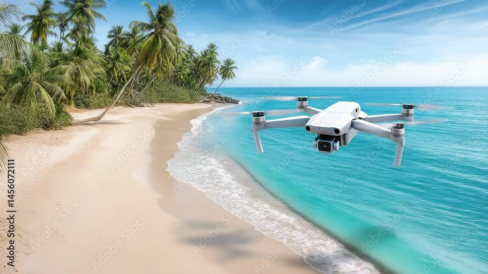 White quadcopter hovers above sandy coastline lined with lush palm trees, crystal clear waves gently touch the shore under bright blue sky. Concept of travel content creation and modern technology