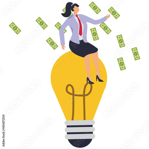 A businesswoman sits looking up and dollar bills are scattered. Illustration of overspending, big spending, too much shopping