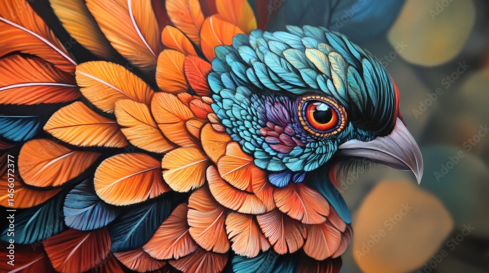 Colorful pheasant portrait, vibrant plumage, forest background, nature art